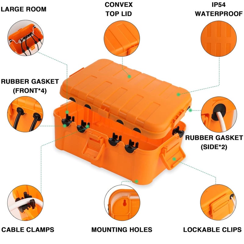 Flemoon Large Outdoor Electrical Box, IP54 Waterproof Outdoor Extension Cord Cover Weatherproof, Protect Outlet, Plug, Socket, Timer, Power Strip, Holiday Light Decoration, Orange - Image 3